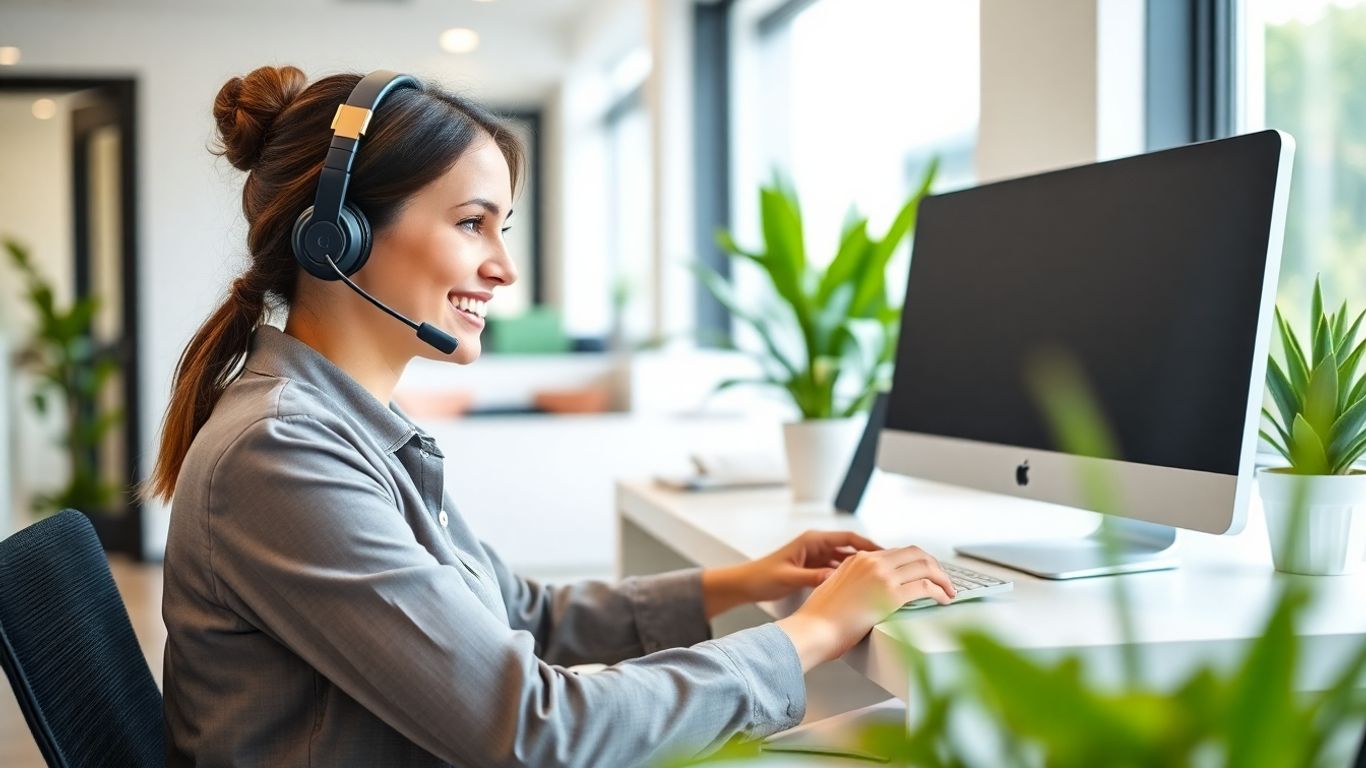 Virtual receptionist working at modern office desk