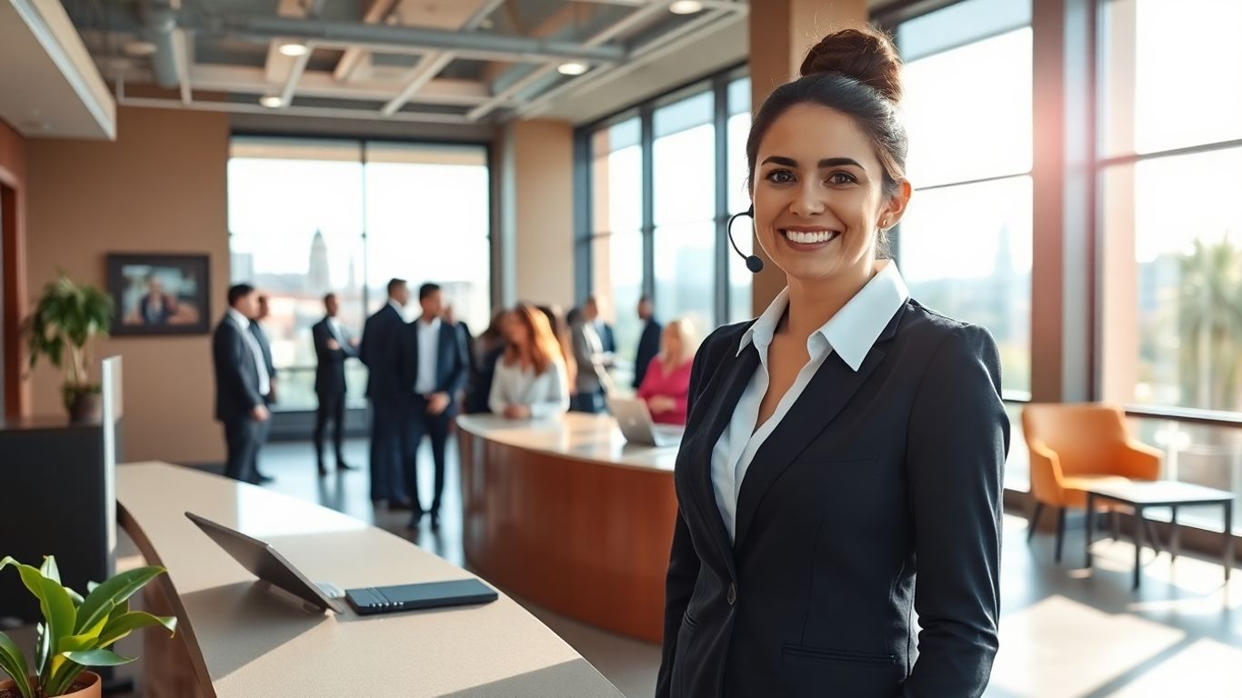Receptionist greeting local business owners in Alhambra office