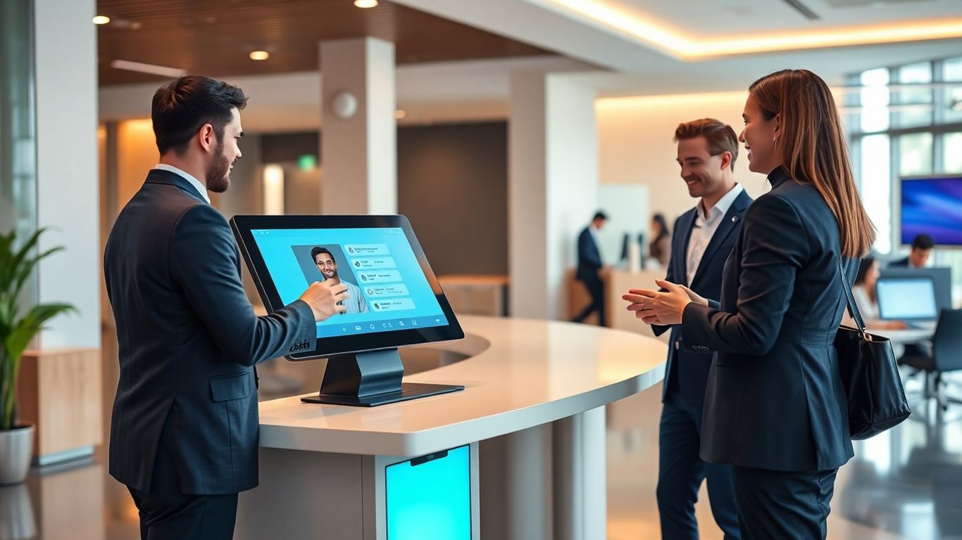 Modern office virtual receptionist with business professionals