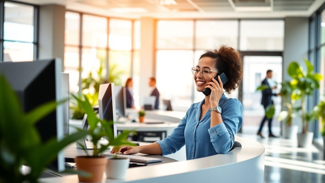 Smiling receptionist at modern office front desk