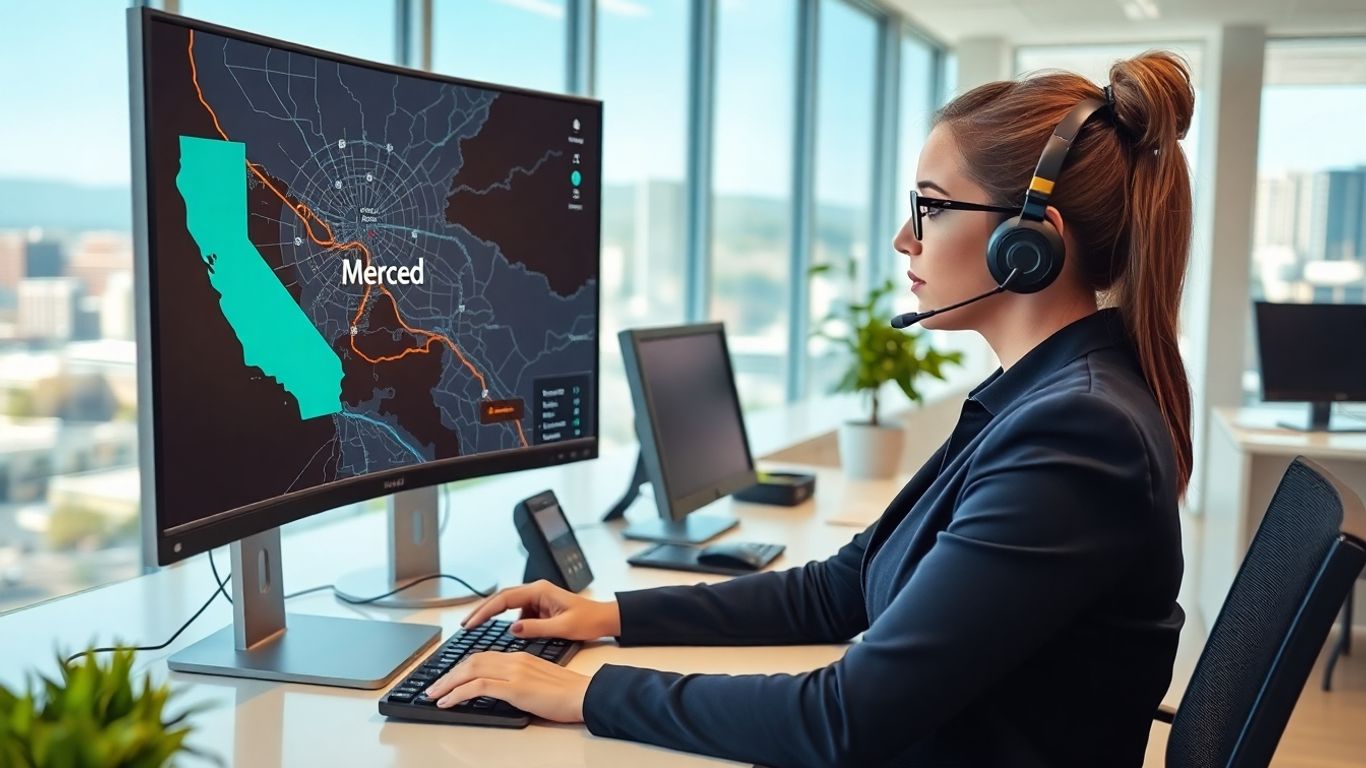 Virtual receptionist in modern office using headset and computer.