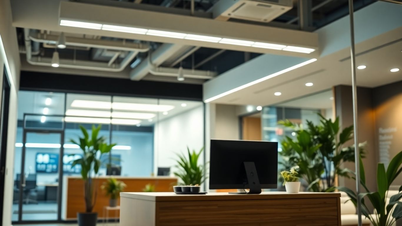 Virtual receptionist on screen in Merced office at night