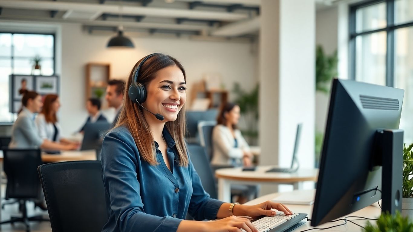 Virtual receptionist in modern office on headset