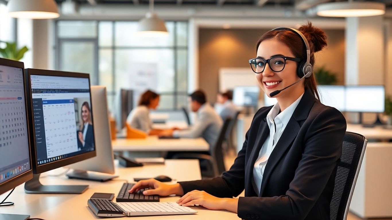 Virtual receptionist at desk with business software tools