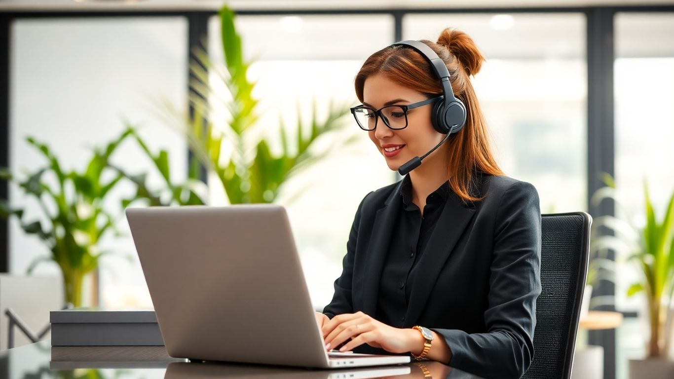 Virtual receptionist in modern office answering client calls