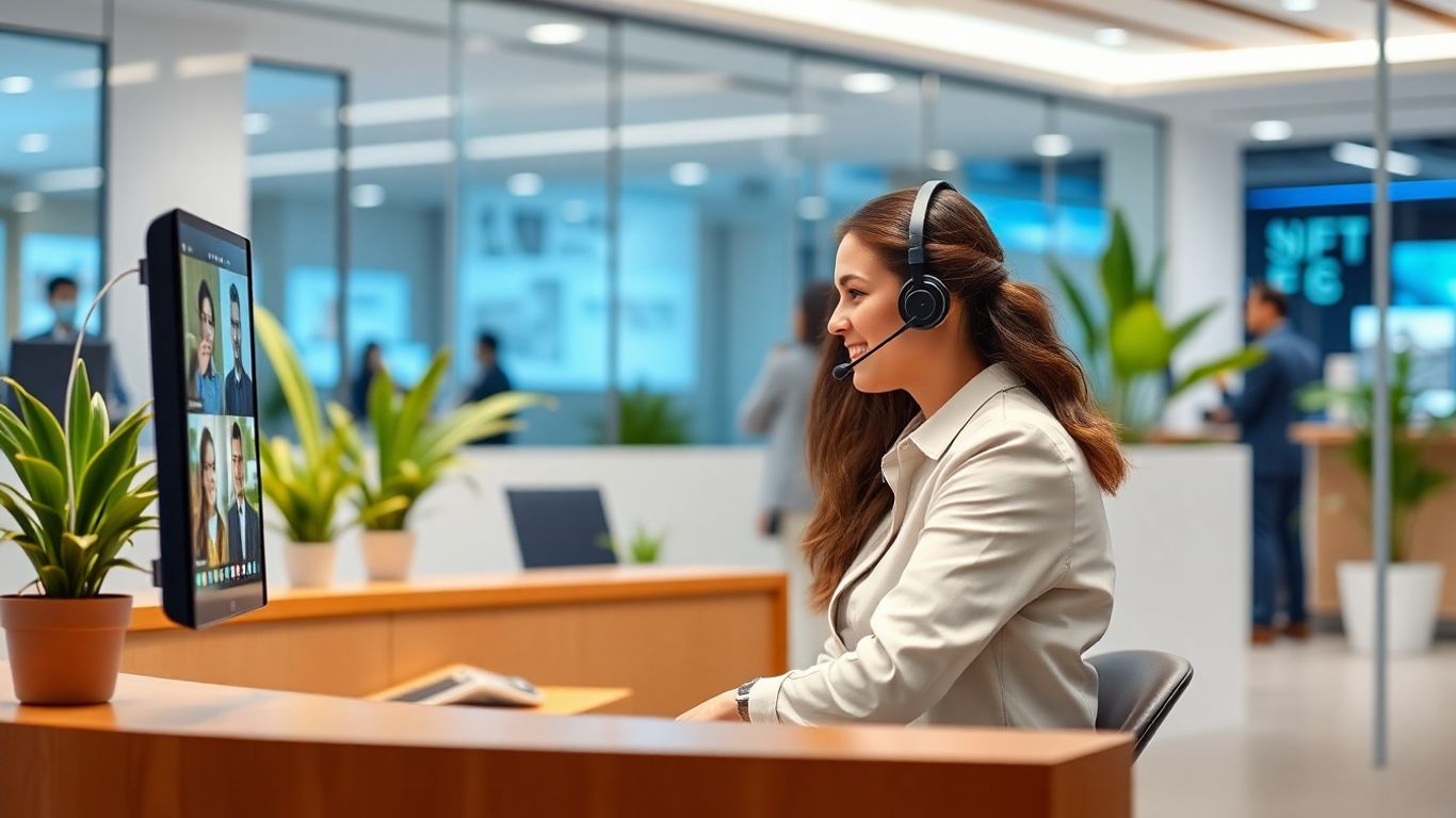 Virtual receptionist at modern desk in bright office