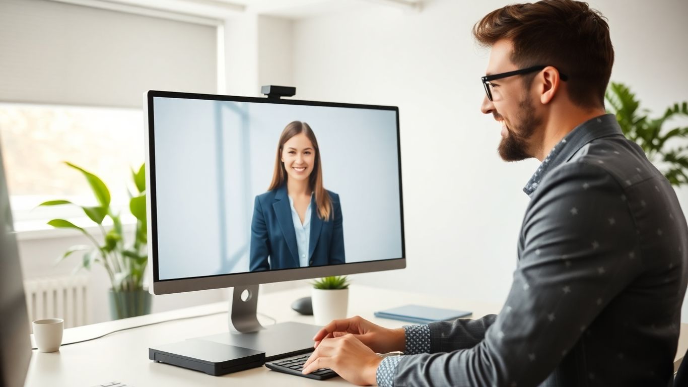 Professional using computer with virtual receptionist in office