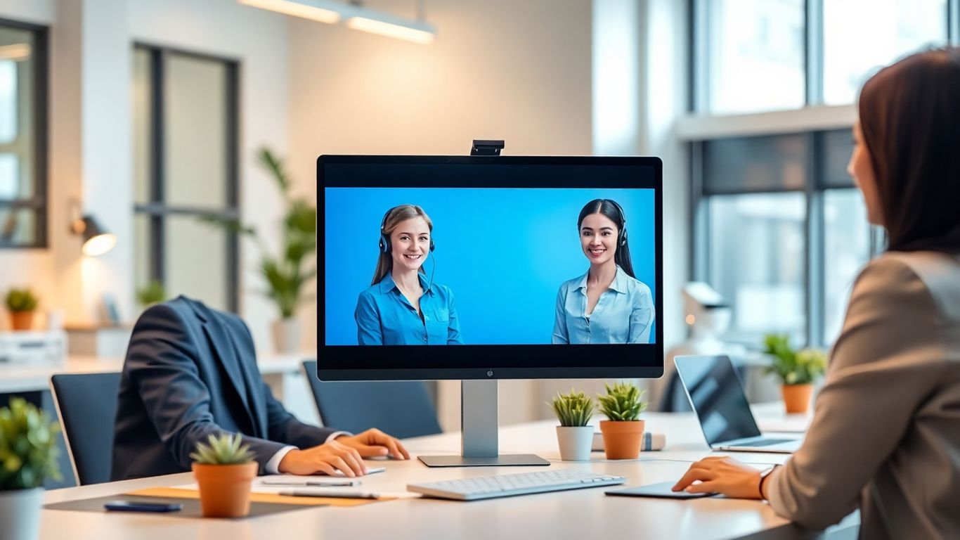 Virtual receptionist assisting professional in modern office setting