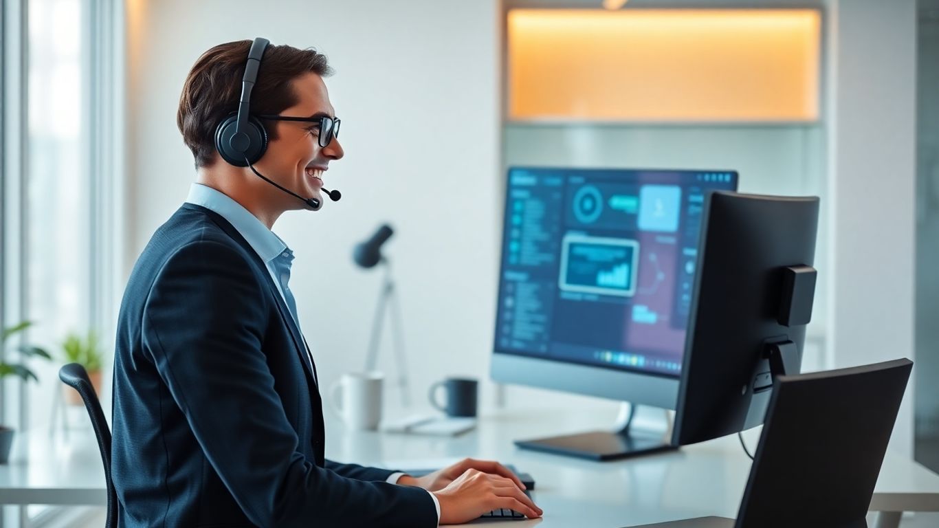 Professional using a virtual receptionist system in modern office
