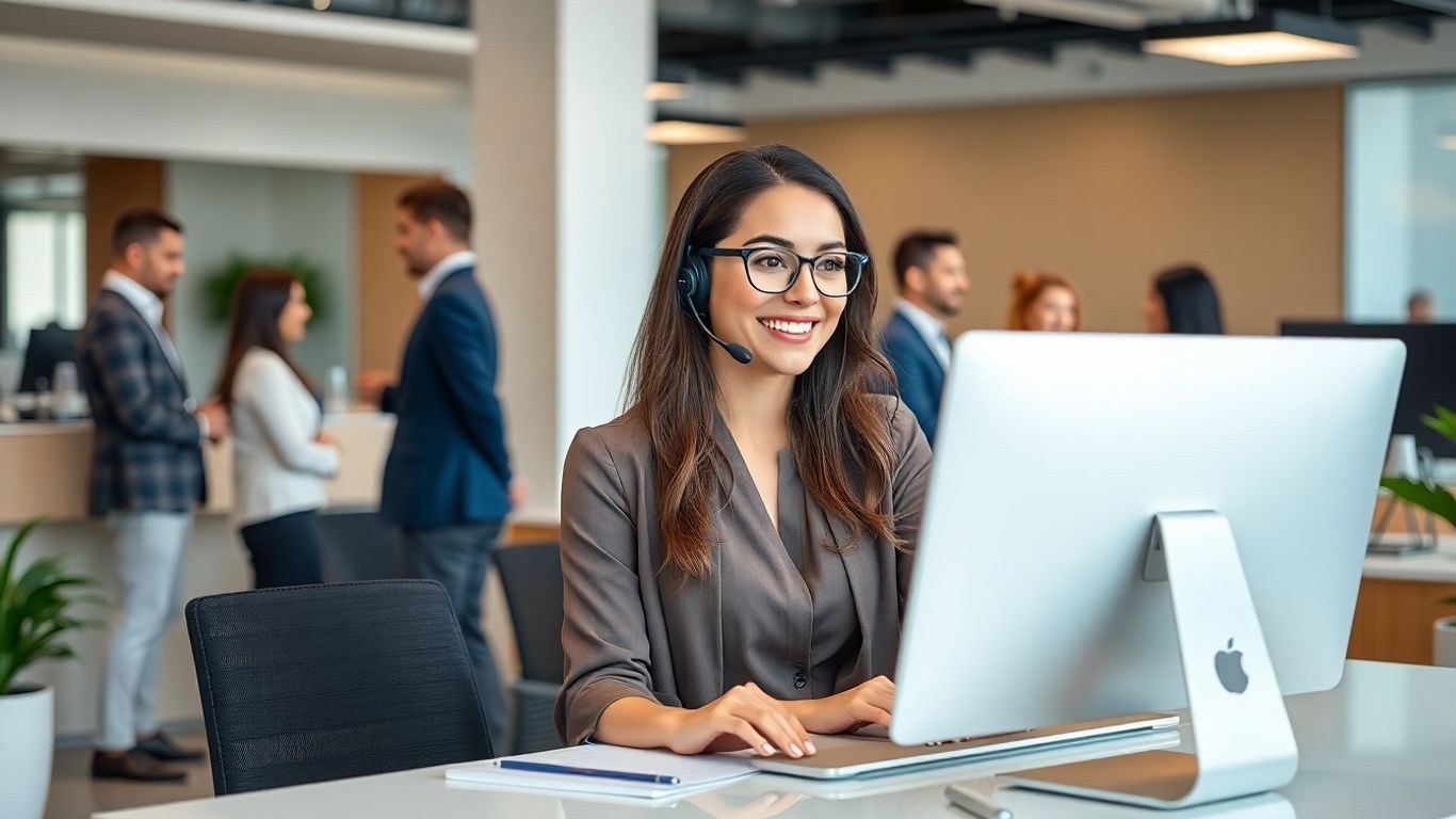 Receptionist on headset with professionals in a modern office.