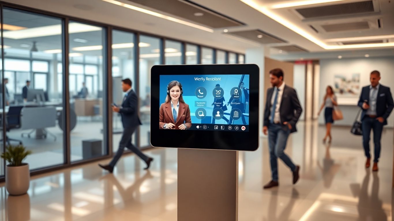 Virtual receptionist kiosk in secure modern office lobby