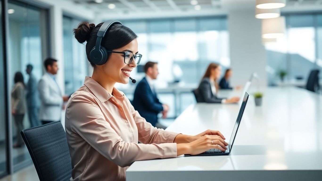 Virtual receptionist interacting with clients in a modern office