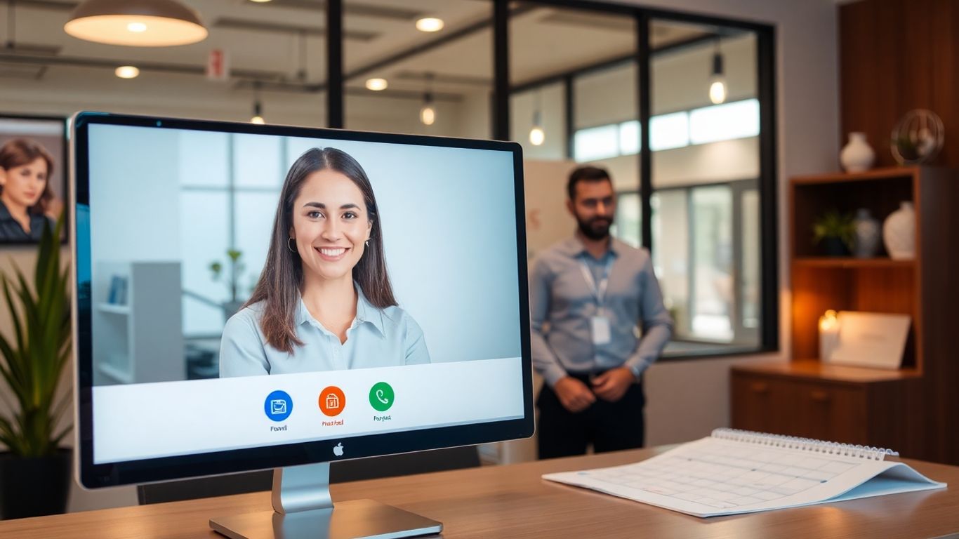 Virtual receptionist assisting local business clients in office.