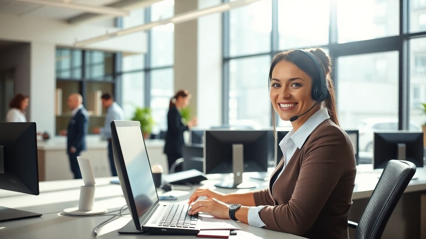 Receptionist answering calls in a modern business office.