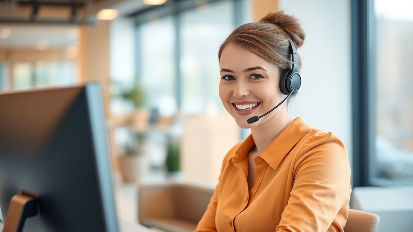 Virtual receptionist with headset in modern office smiling
