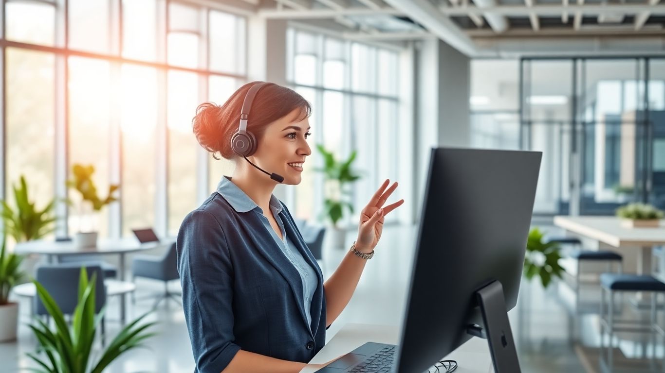 Virtual receptionist at desk using computer in modern office
