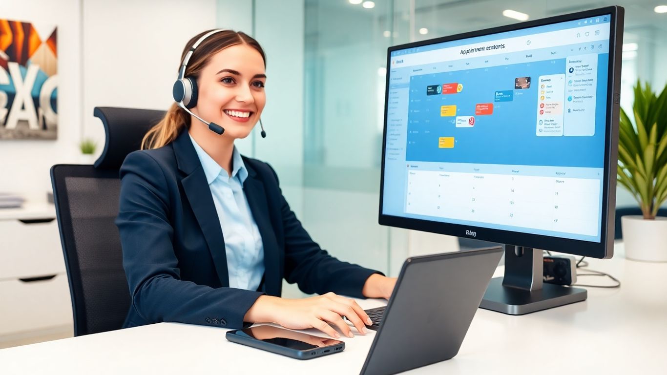 Virtual receptionist scheduling appointments at a modern office desk