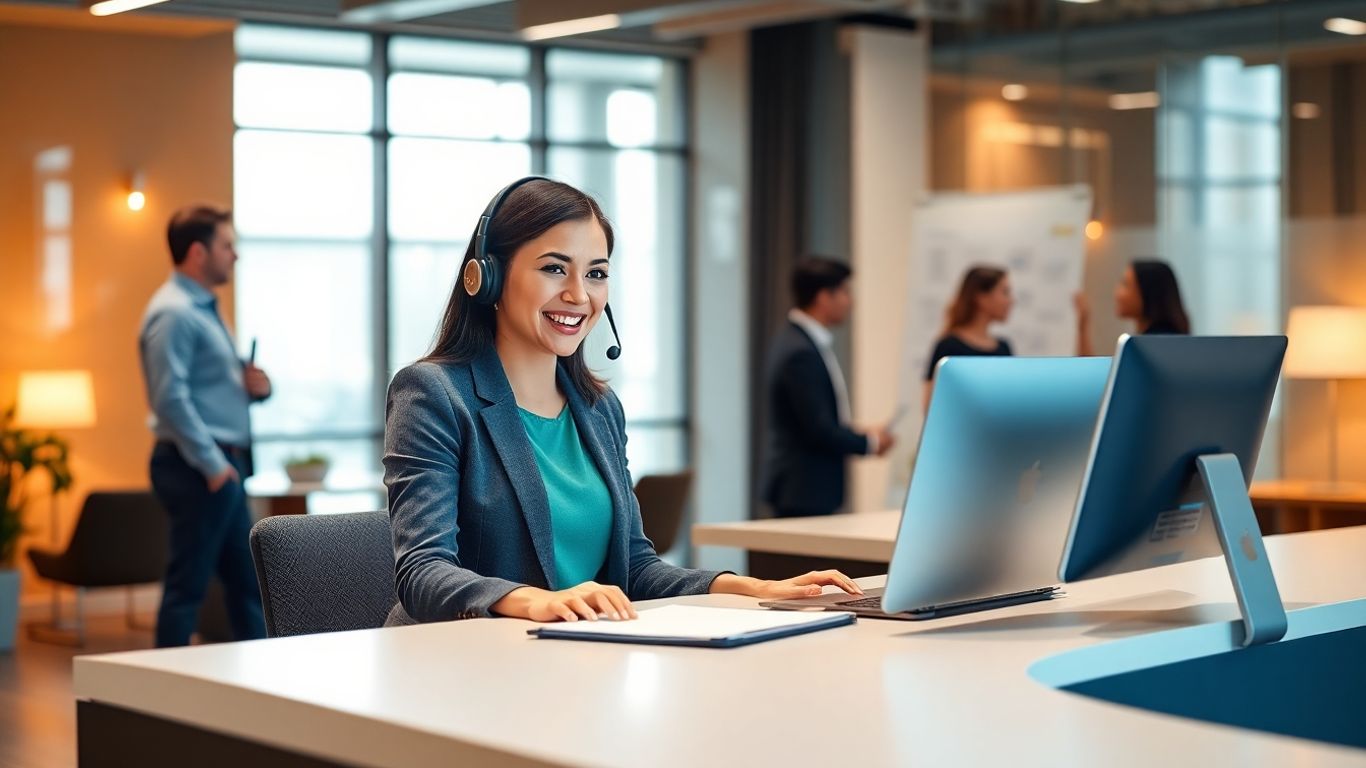 Virtual receptionist assisting in a modern office setting