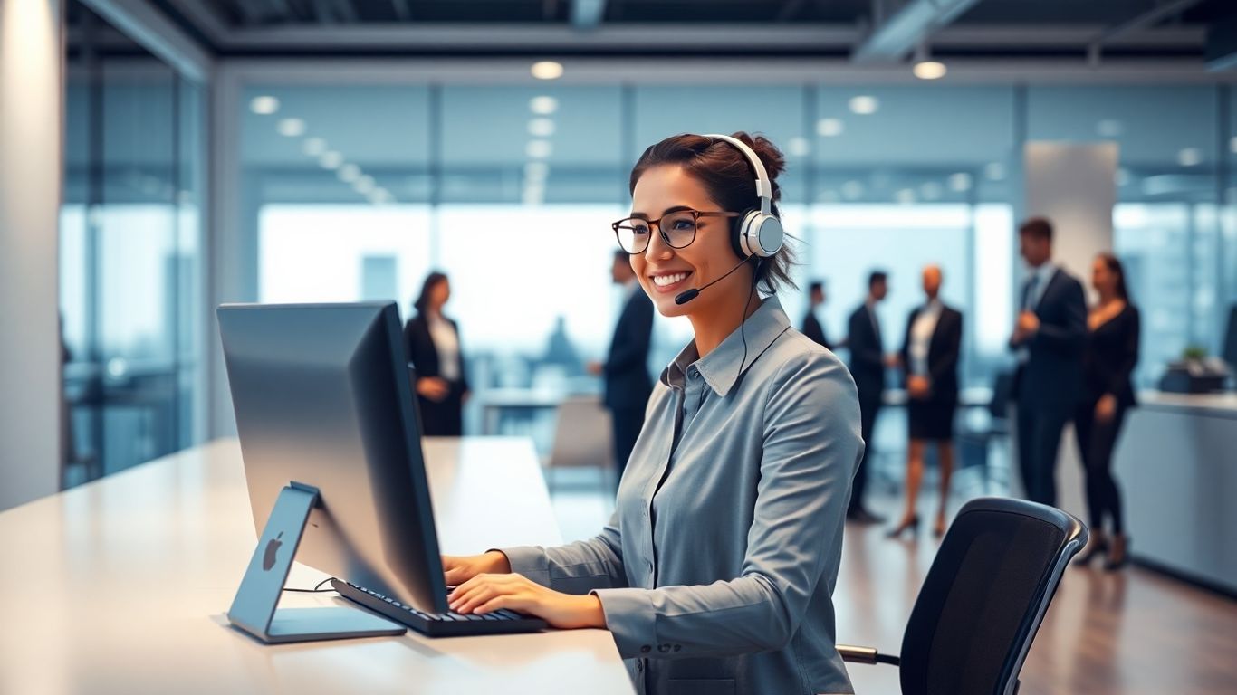 Virtual receptionist assisting clients in a modern office