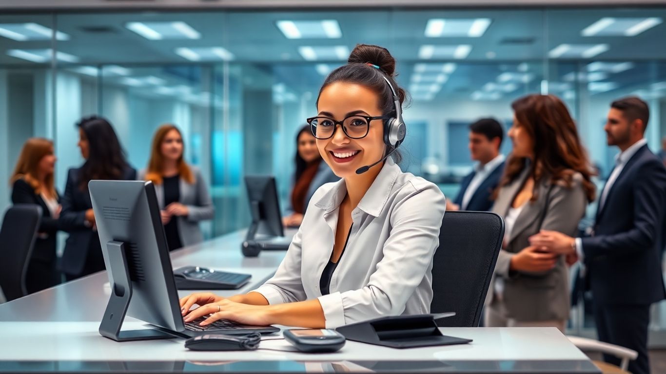 Receptionist handling multiple calls in a modern office