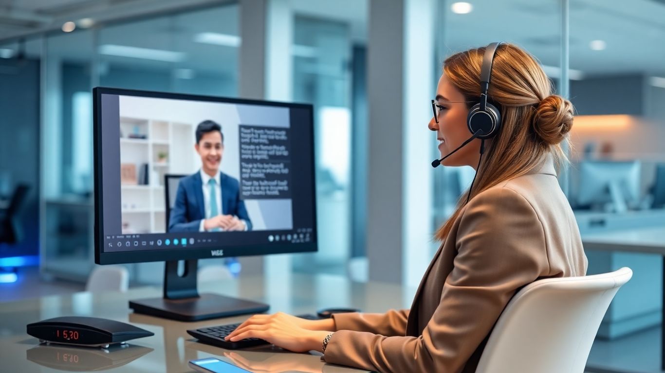 Virtual receptionist greeting client in modern office