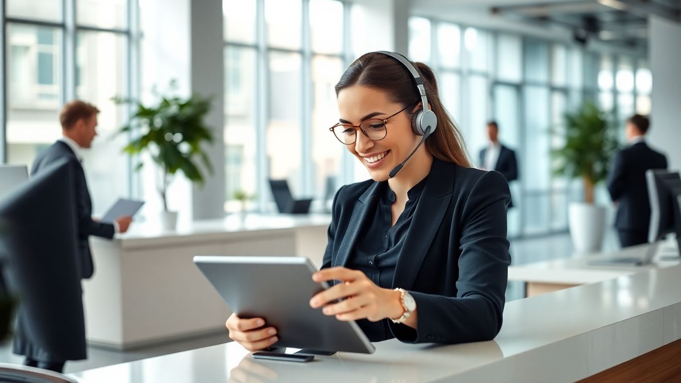 Receptionist with headset welcomes clients in modern office
