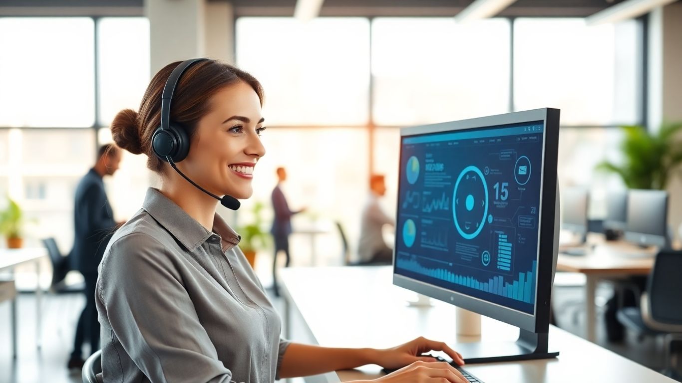 Virtual receptionist assisting clients in a bright modern office.