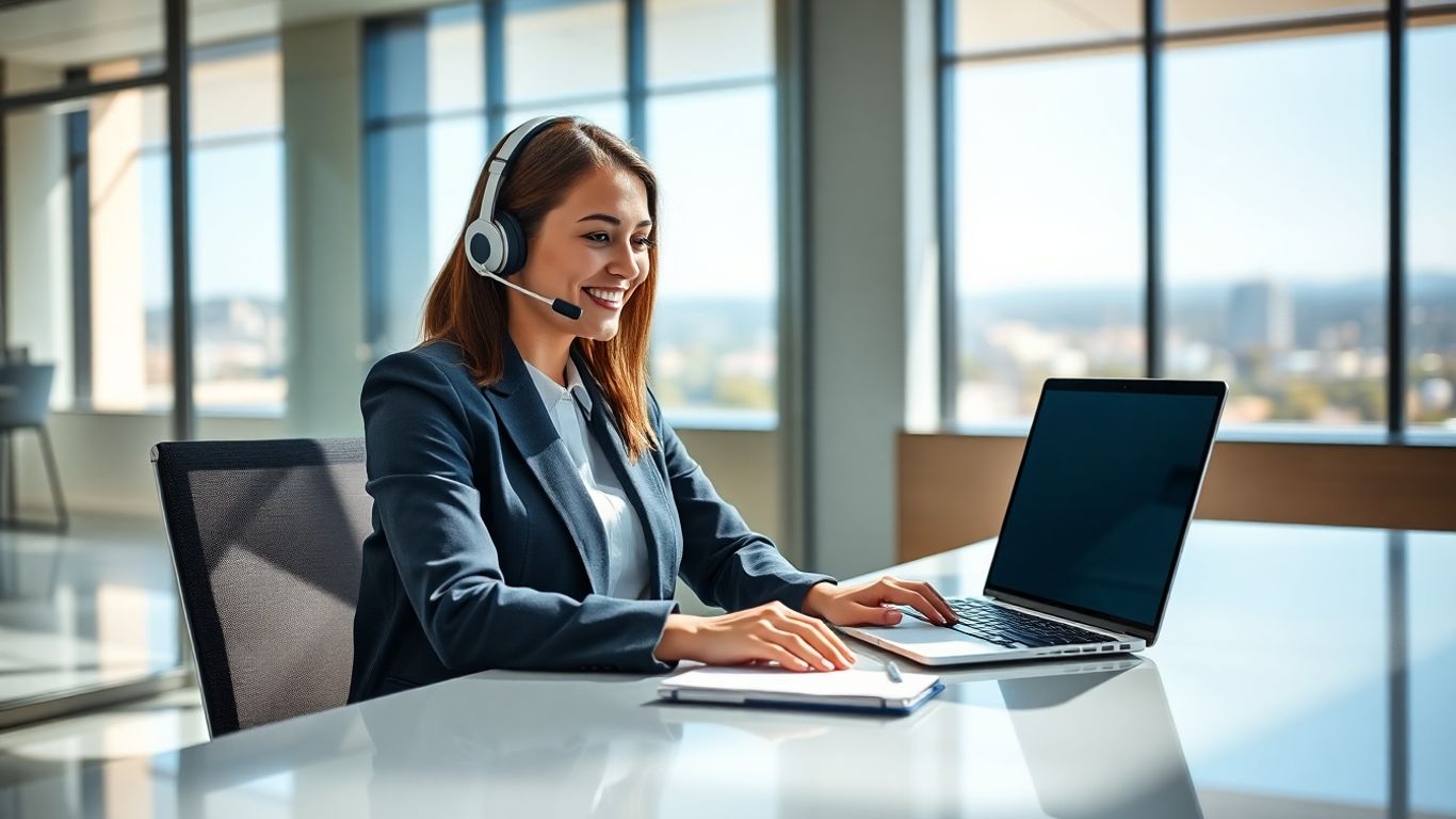 Modern receptionist with headset at bright office desk