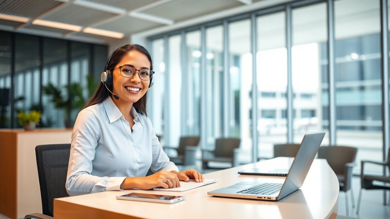 Virtual receptionist at desk with digital devices nearby