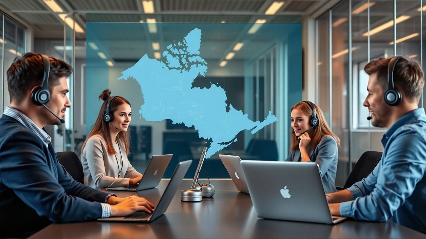 Virtual receptionists in Ontario office with laptops and headsets