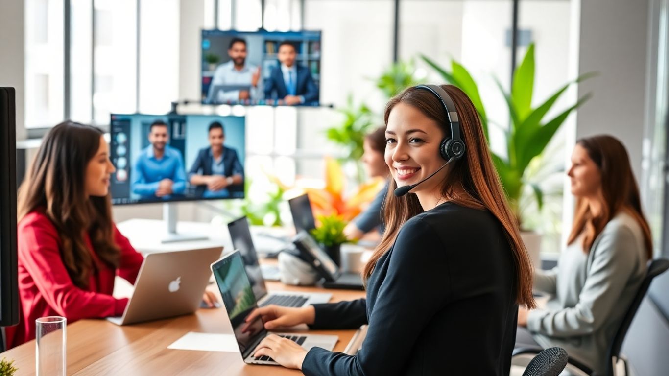 Modern office with virtual receptionist answering calls