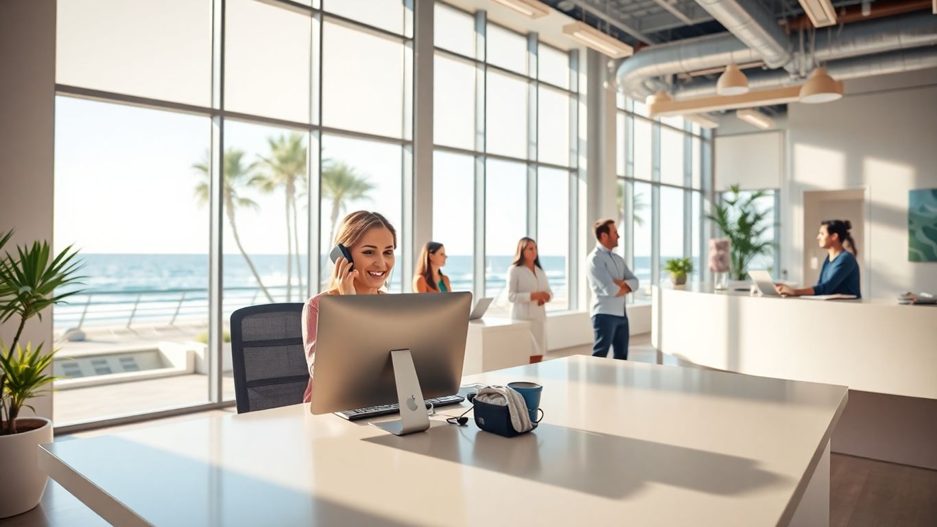 Receptionist in sunny oceanside office assisting business owners.
