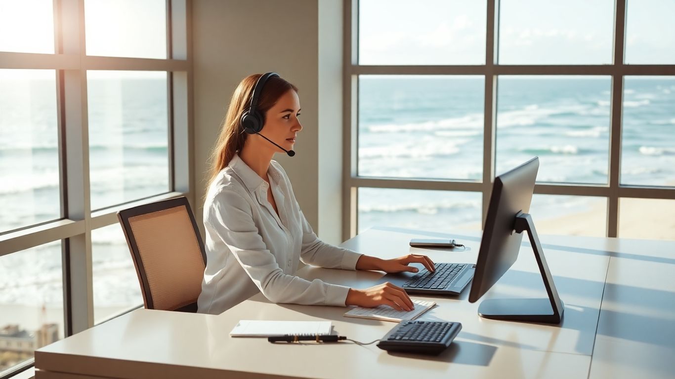 Virtual receptionist in modern office with ocean view