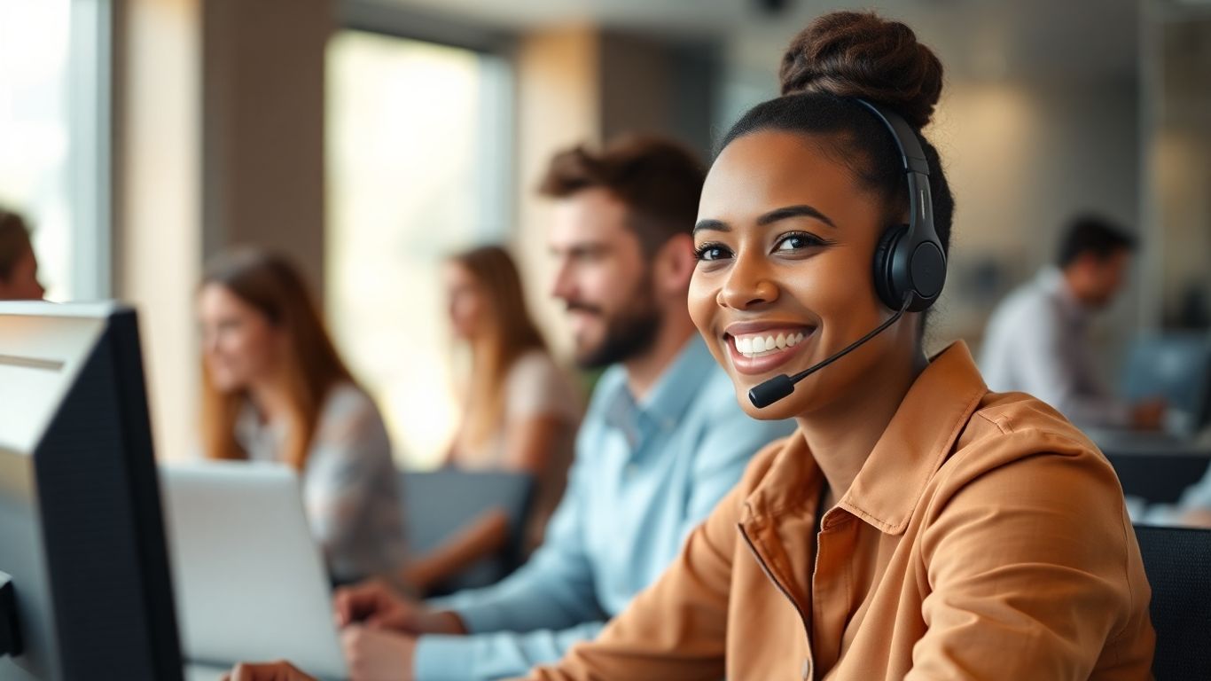 Professional virtual receptionist working at office desk headset