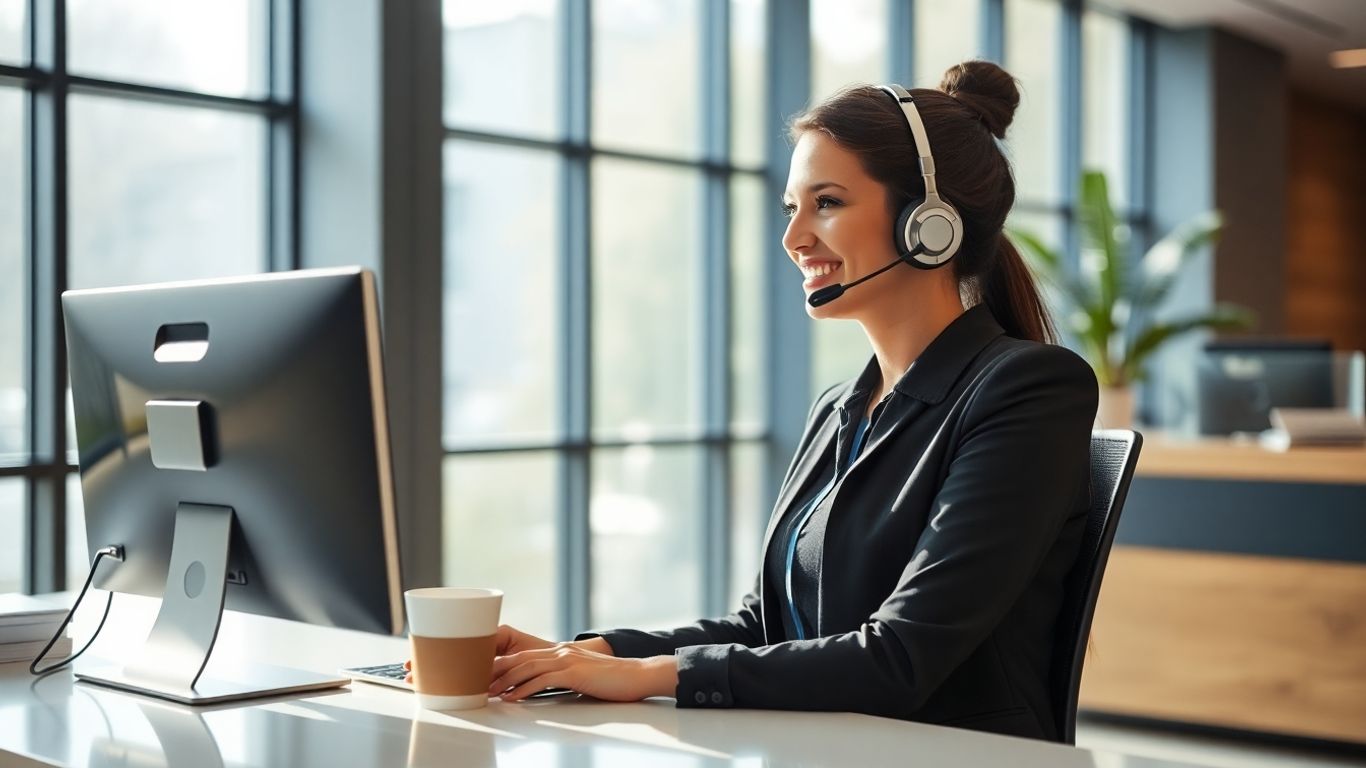Virtual receptionist at desk speaking on headset in office