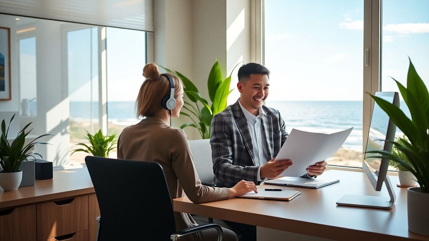 Receptionist in seaside office using headset for business calls.