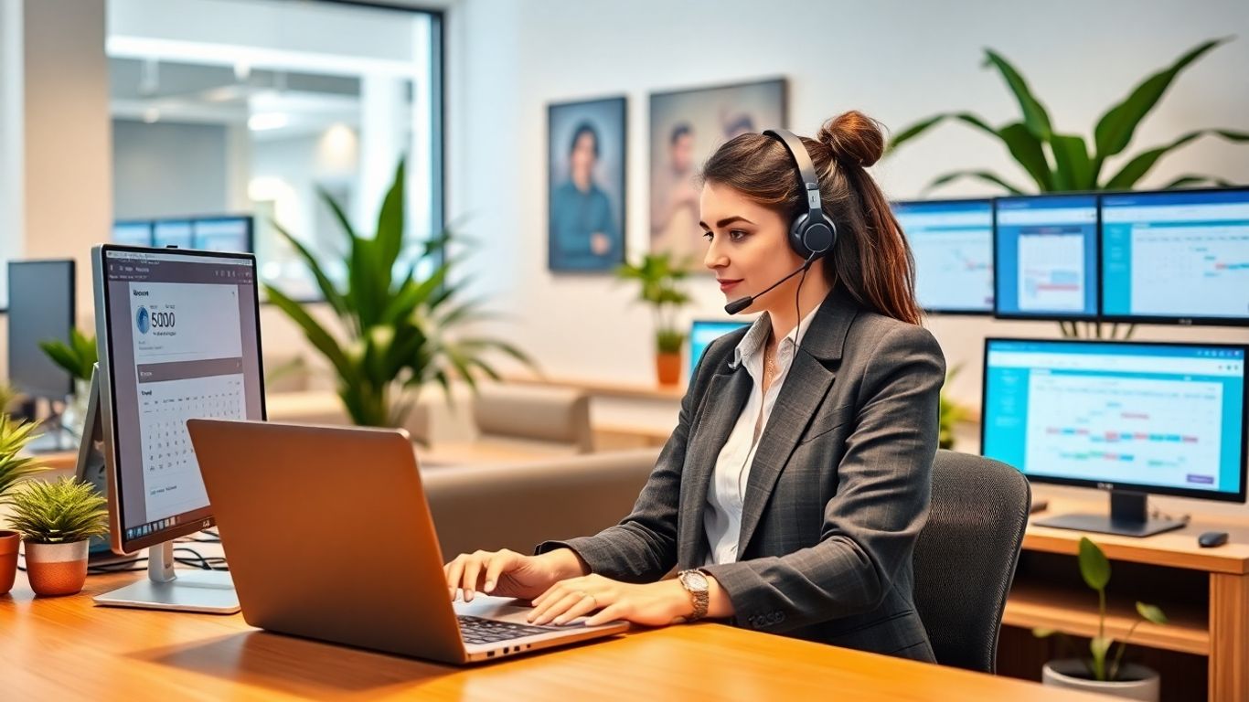Virtual receptionist at desk with calendars and computers