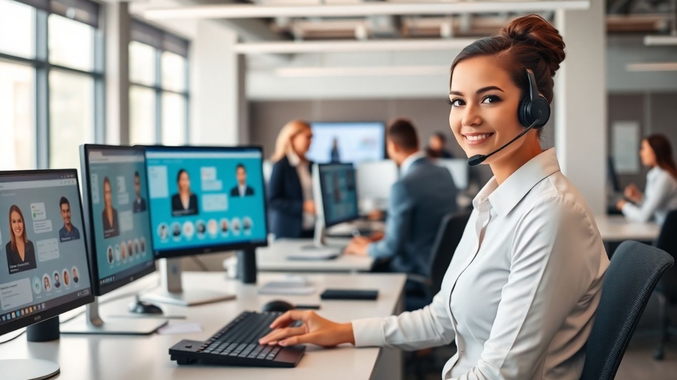 Receptionist with headset at modern office desk