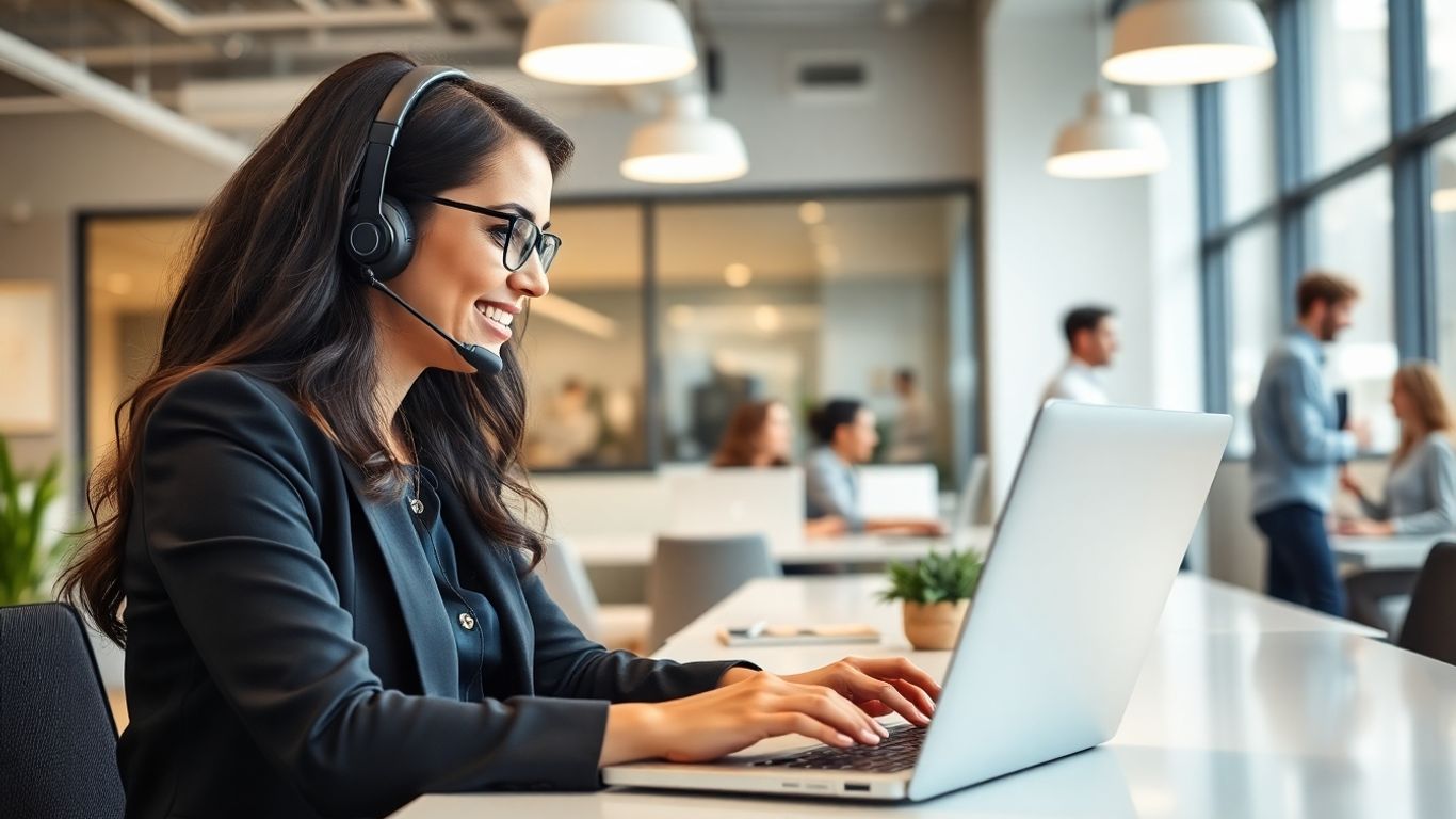Virtual receptionist with headset working in Elk Grove office