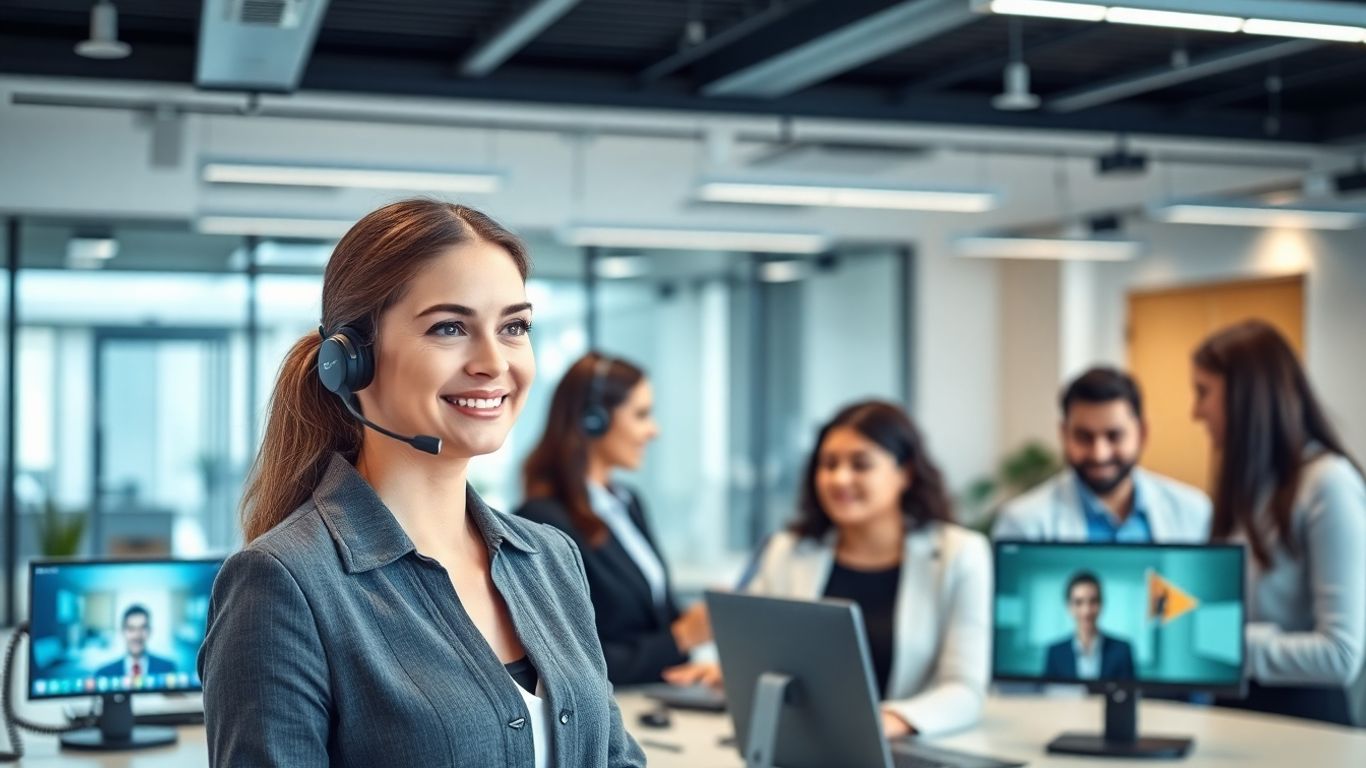 Receptionist managing multiple calls in a modern office