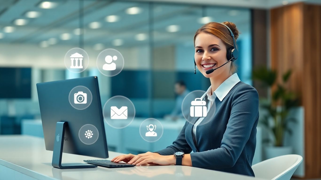 Virtual receptionist at desk with digital business tool icons