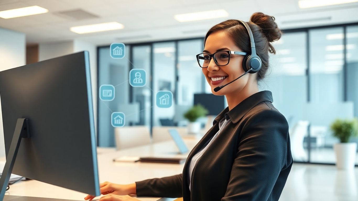 Virtual receptionist using AI headset in modern office
