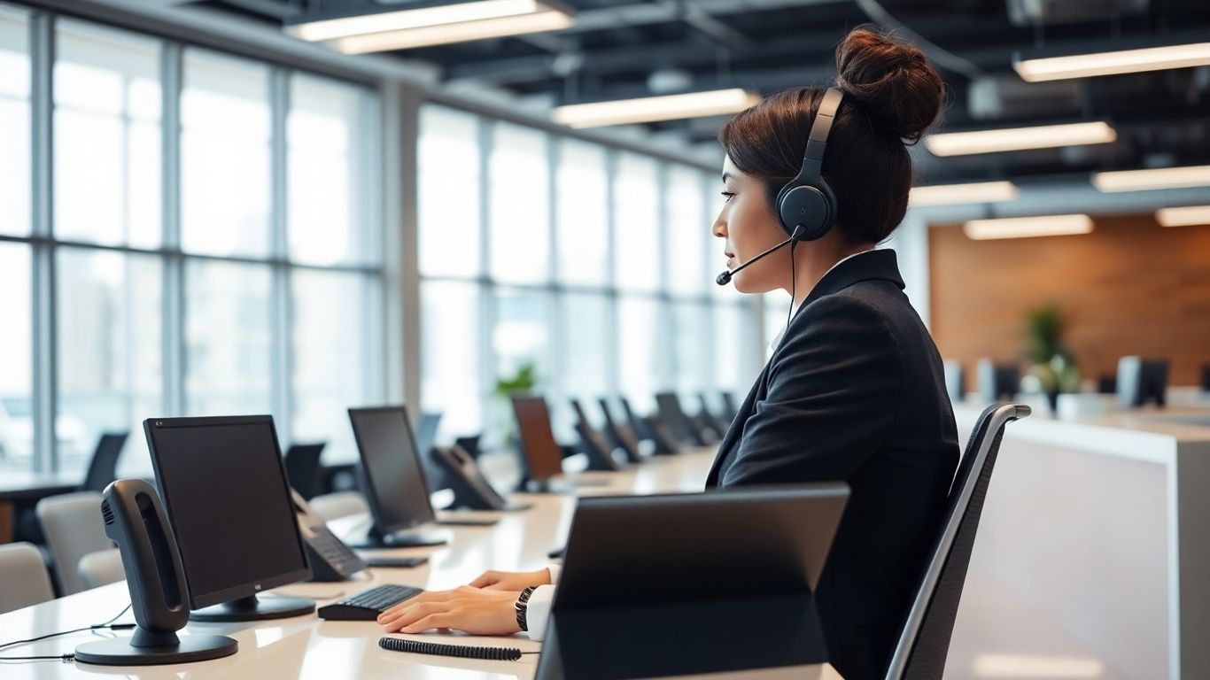 Receptionist with headset answering phones in modern office