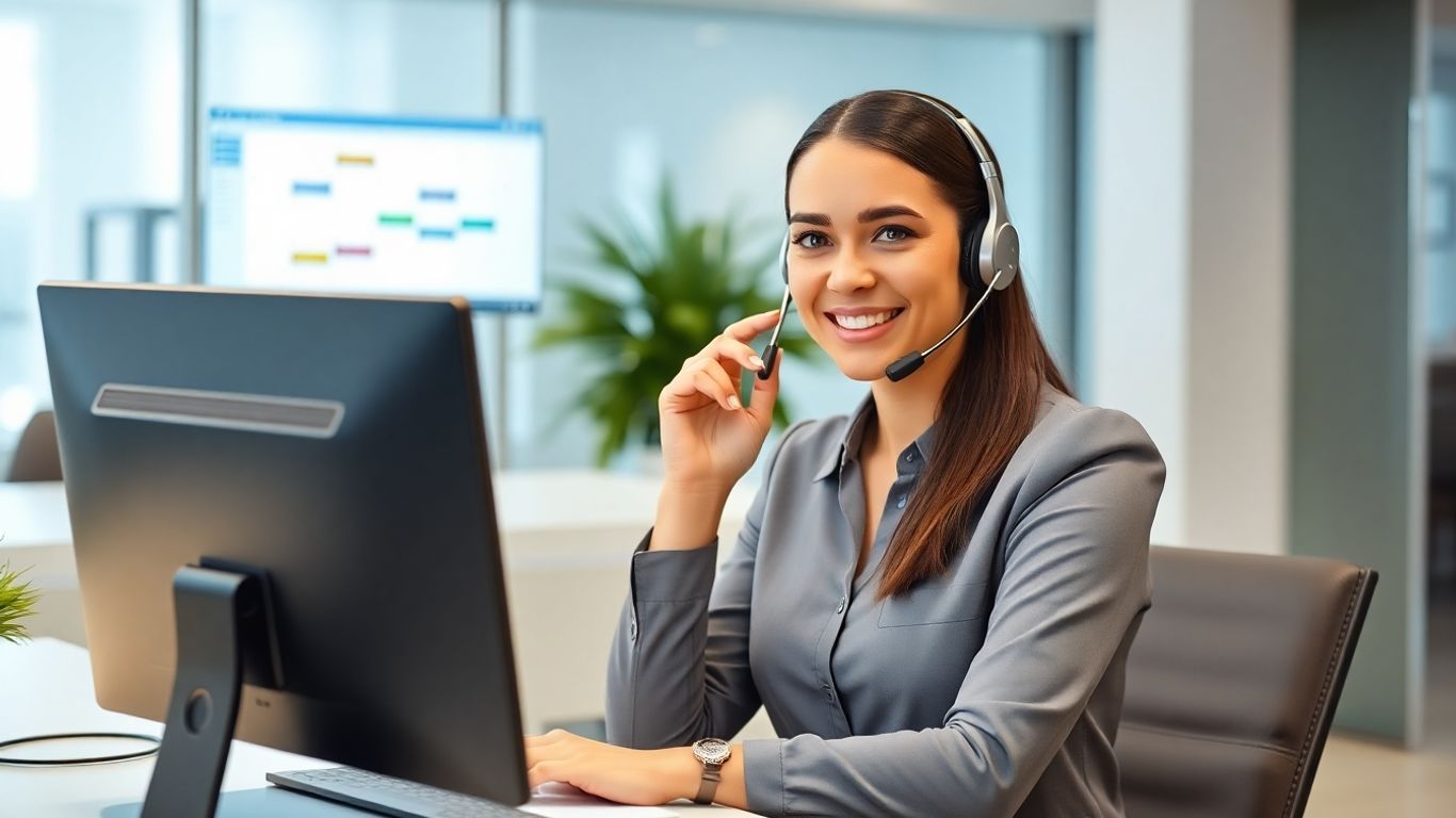 Receptionist managing appointment calls in a modern office