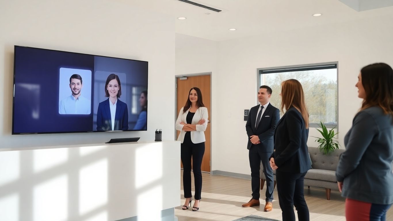 Santa Rosa office lobby with AI virtual receptionist monitor