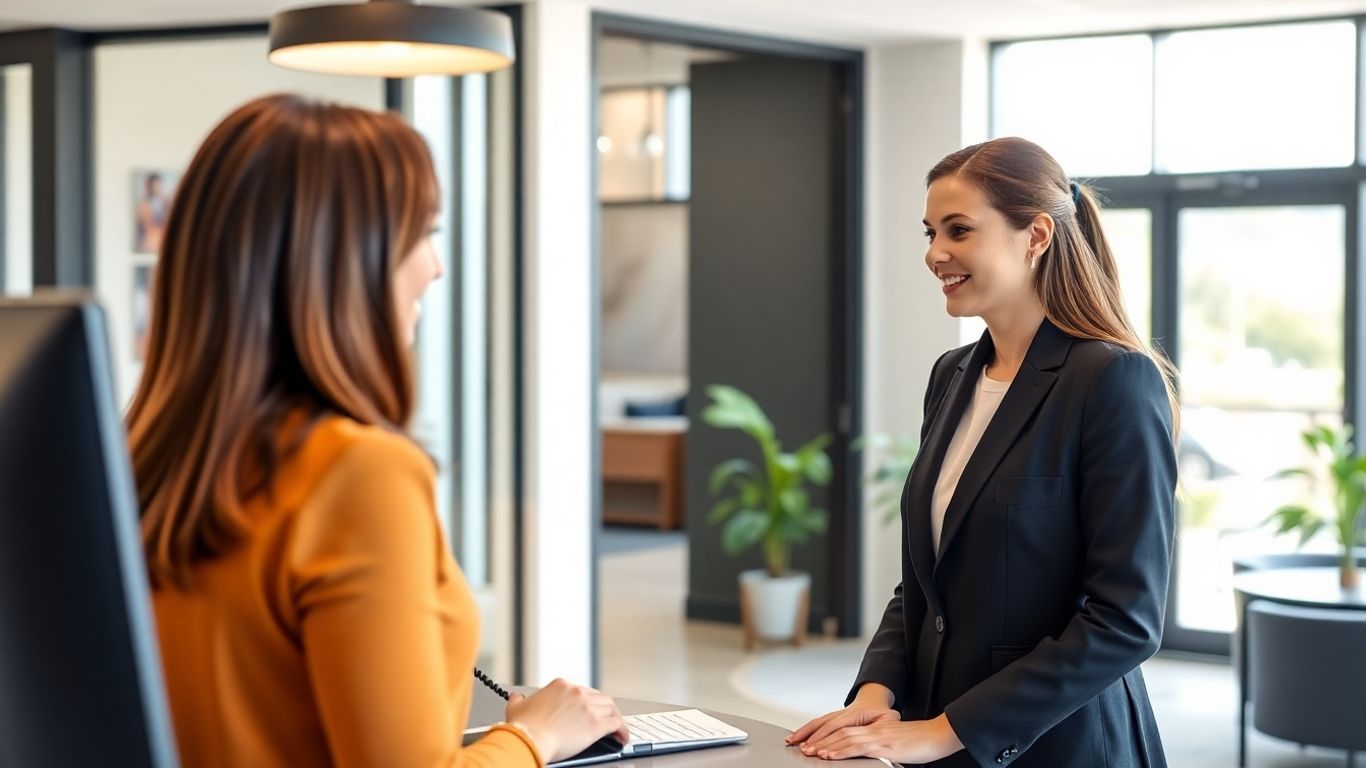 Virtual receptionist welcoming client in modern office