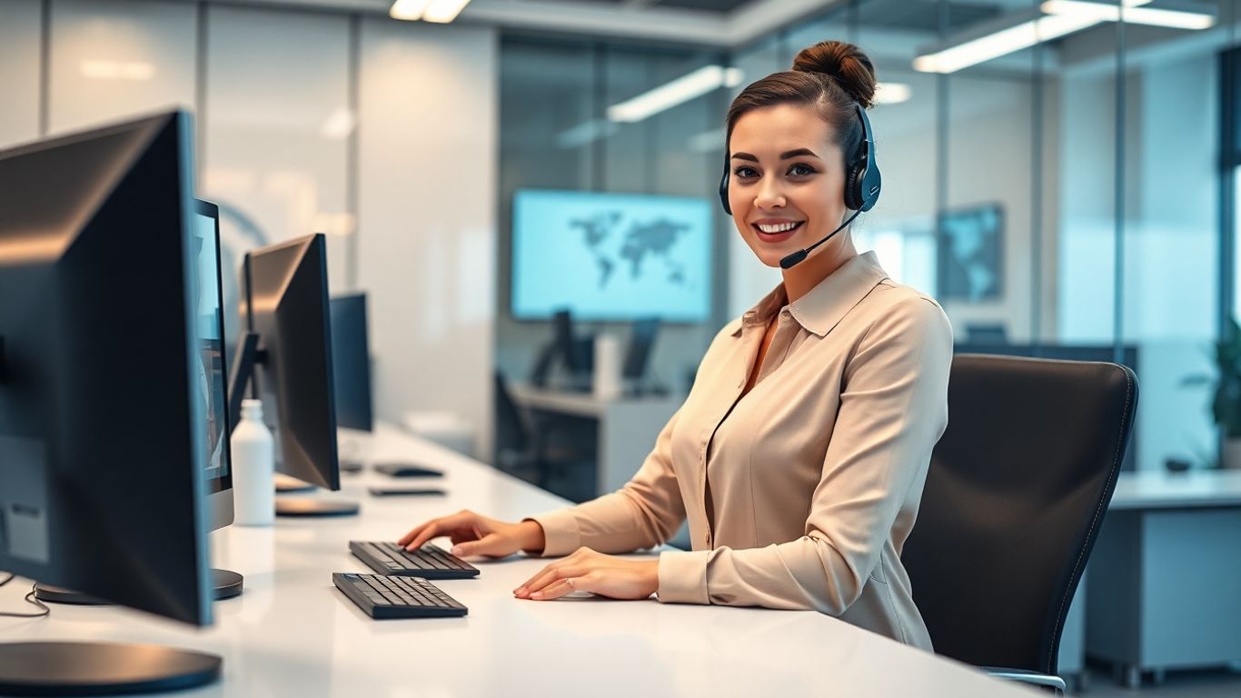 Virtual receptionist with headset in modern business office