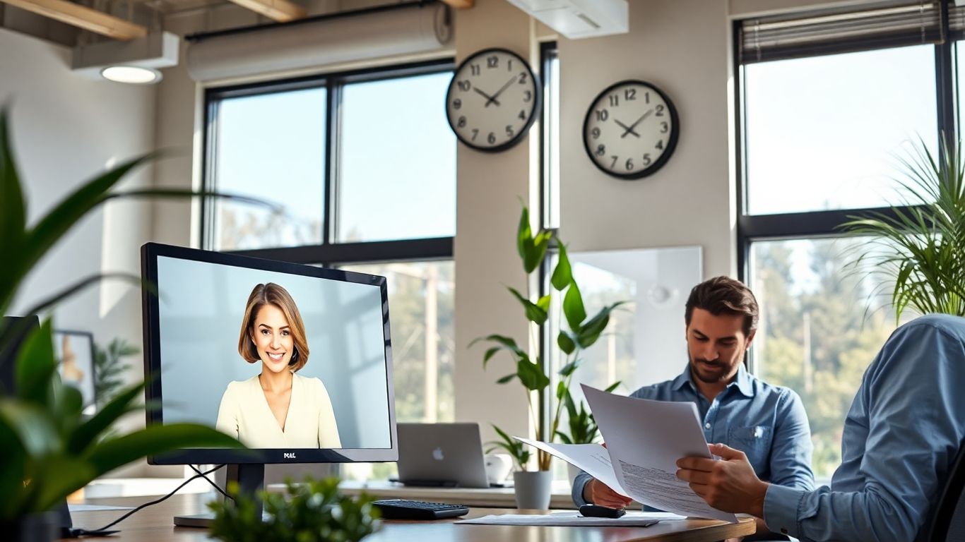 Virtual receptionist assisting business owner in sunny office