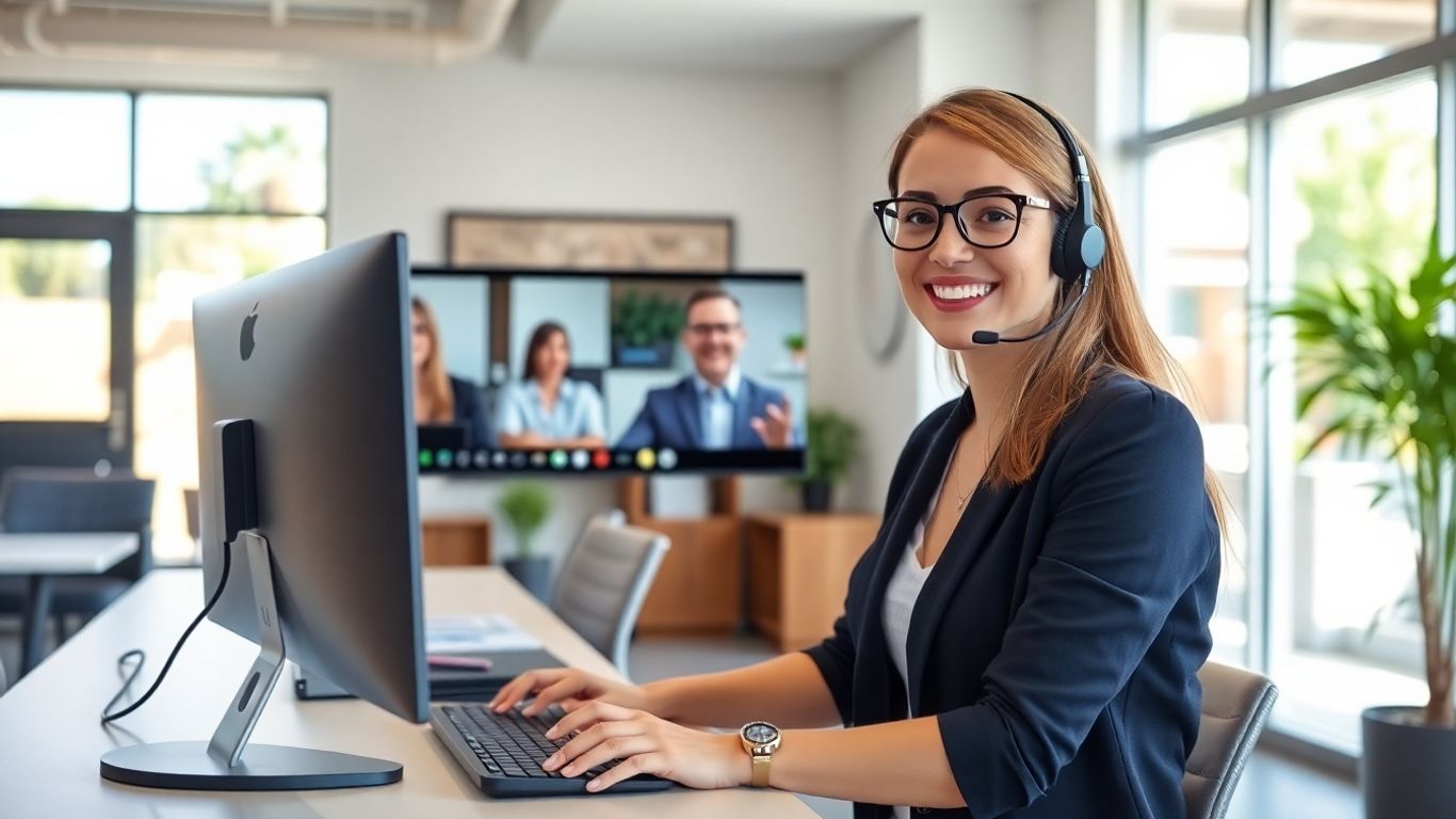 Virtual receptionist assisting business owner via video call