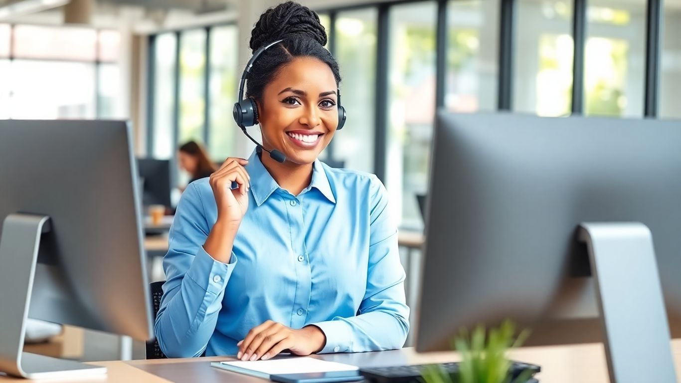Virtual receptionist in bright Pomona office assisting client